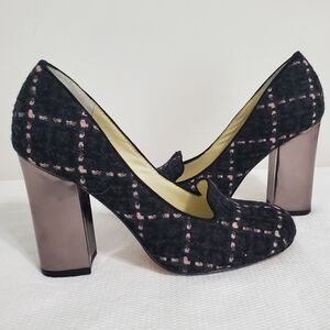 Bettye Muller Anthropologie Tweed Round Toe Metallic Heel Pump Size 7
